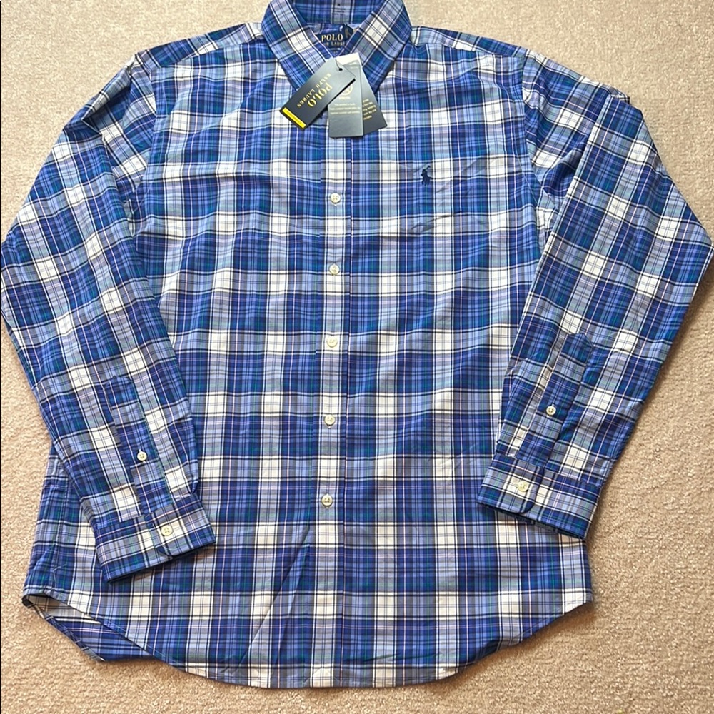 Polo Ralph Lauren Classic Fit Performance Plaid Shirt Blue‎ White M